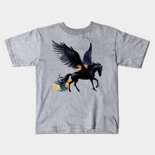 Mythical Fire Pegasus black horse winged flying night watercolor fantasy magical fairy tale illustration Kids T-Shirt